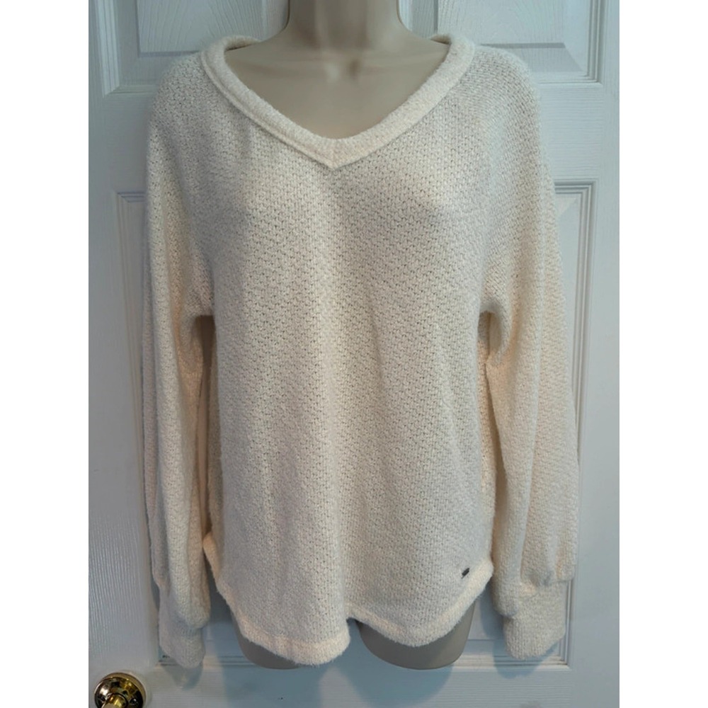 Hollister Womens M Cream V Neck Sweater Balloon Sleeve Cozy Soft Knit 339L2956